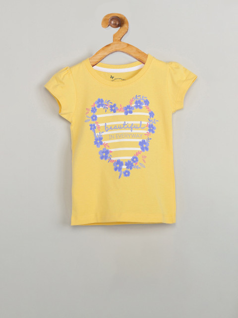 

max Girls Yellow & Blue Floral Print Round Neck T-shirt