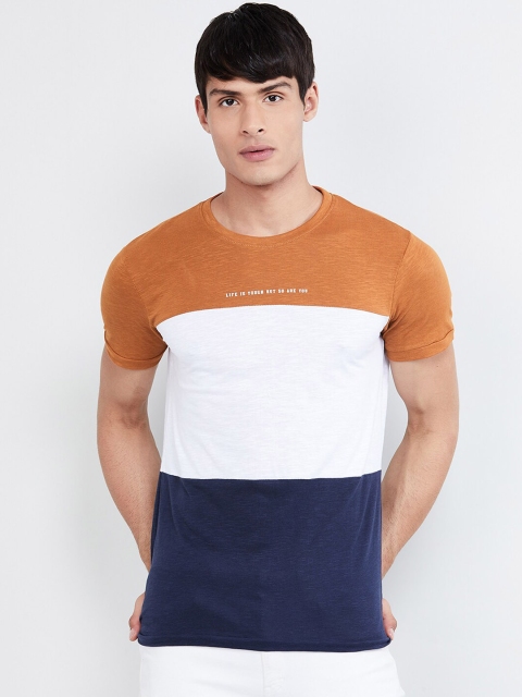

max Men White & Blue Colourblocked Round Neck T-shirt
