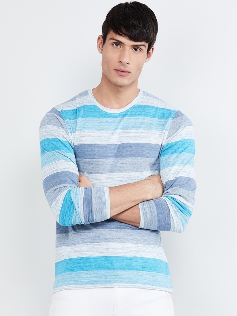 

max Men Blue & White Striped Slim Fit Round Neck T-shirt