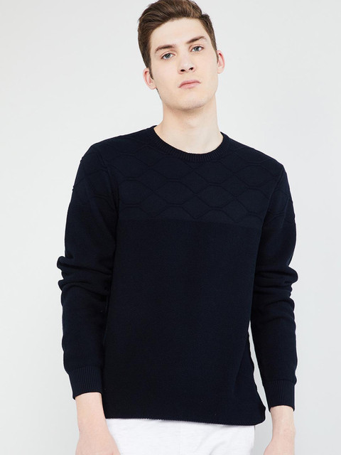 

max Men Navy Blue Self Design Pullover Sweater