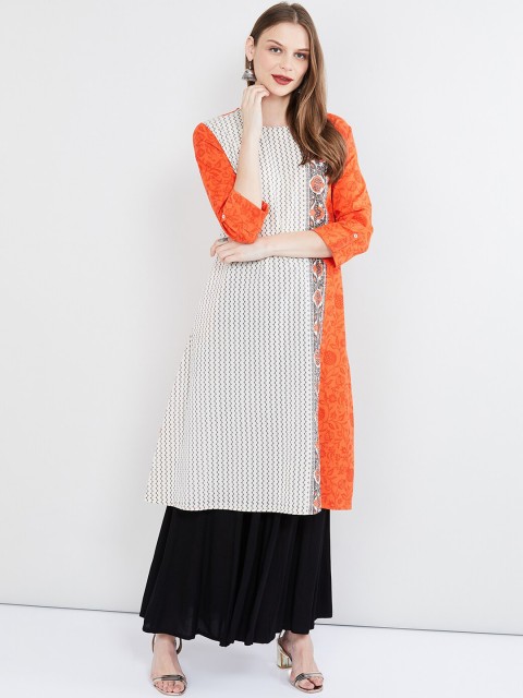 

max Women Orange & White Printed Straight Kurta