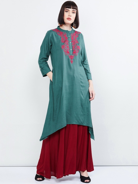 

max Women Green Embroidered Straight Kurta