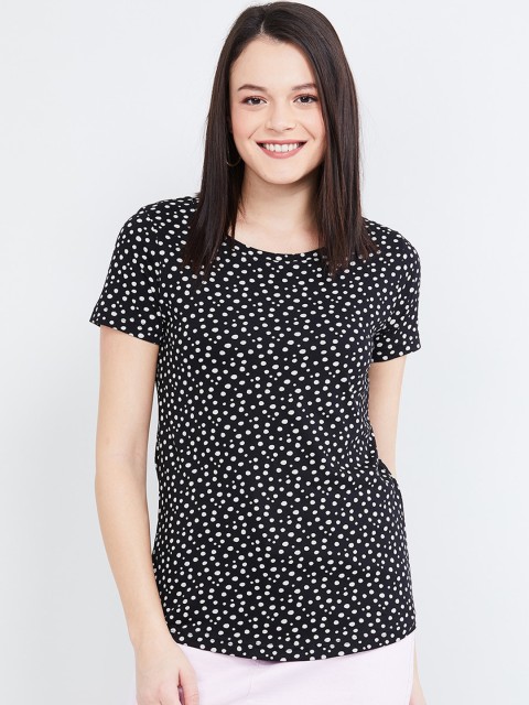 

max Women Black Printed Round Neck T-shirt
