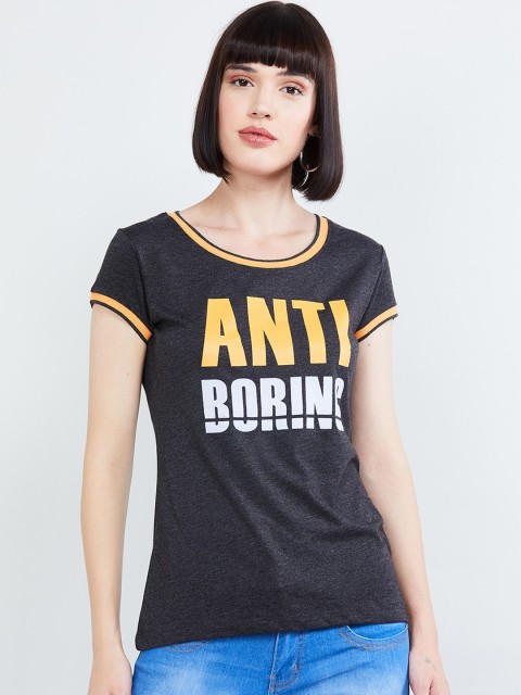 

max Women Charcoal Grey & Yellow Printed T-shirt