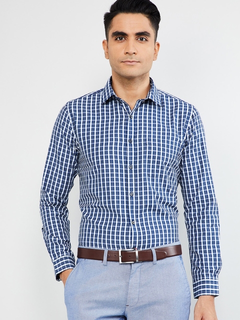 

max Men Blue & White Slim Fit Checked Semiformal Shirt
