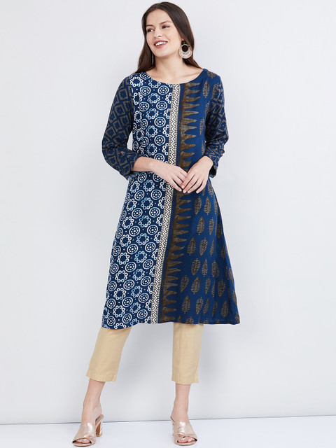

max Women Blue Printed A-Line Kurta