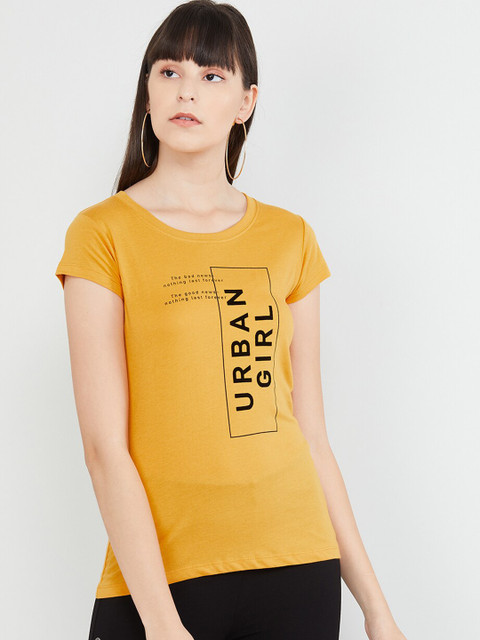 

max Women Yellow Printed Round Neck T-shirt