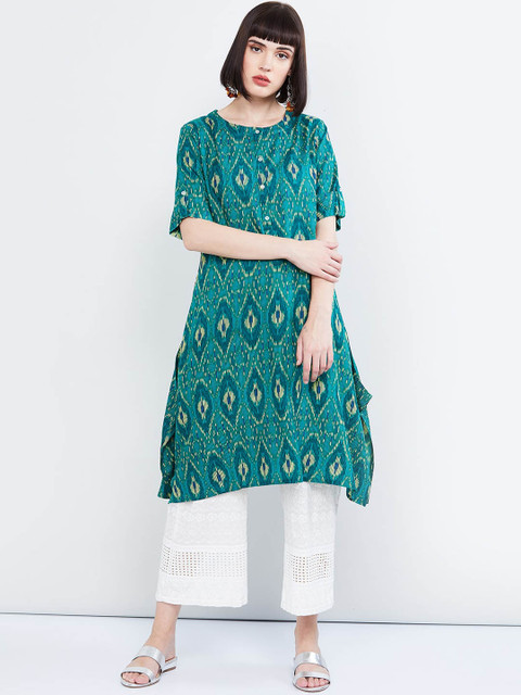 

max Women Green & Yellow Printed A-Line Kurta