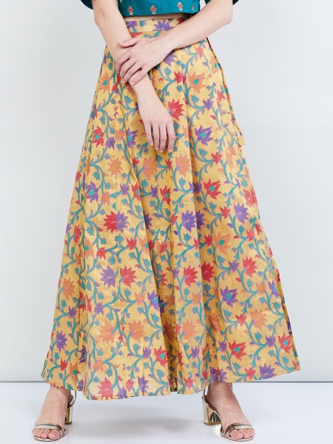 

max Women Beige & Blue Woven-Design Flared Maxi Skirt
