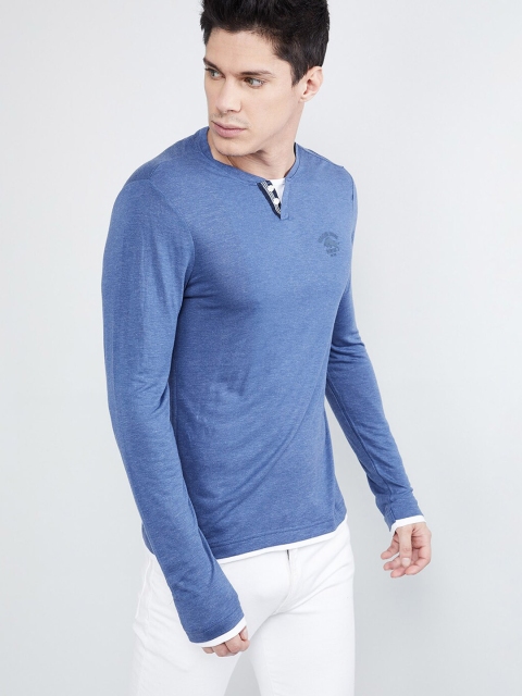 

max Men Blue Solid Henley Neck T-shirt