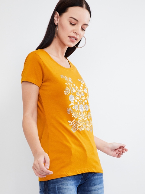 

max Women Mustard Yellow Printed Round Neck T-shirt