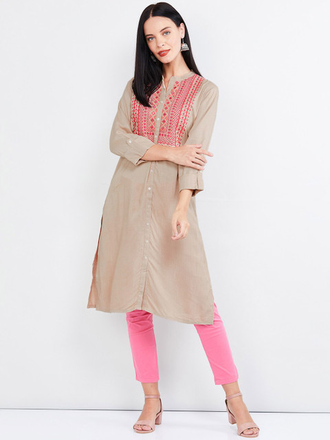

max Women Taupe Embroidered Straight Kurta