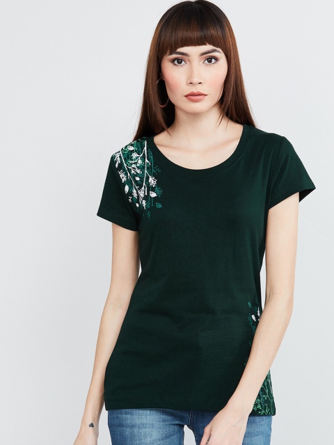 

max Women Green Printed Round Neck T-shirt