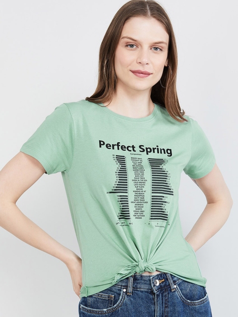 max Women Green & Black Printed Round Neck T-shirt