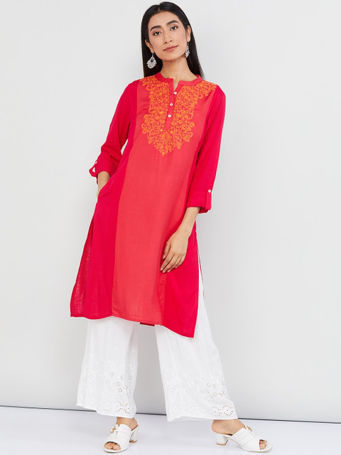 

max Women Pink Yoke Design Straight Kurta