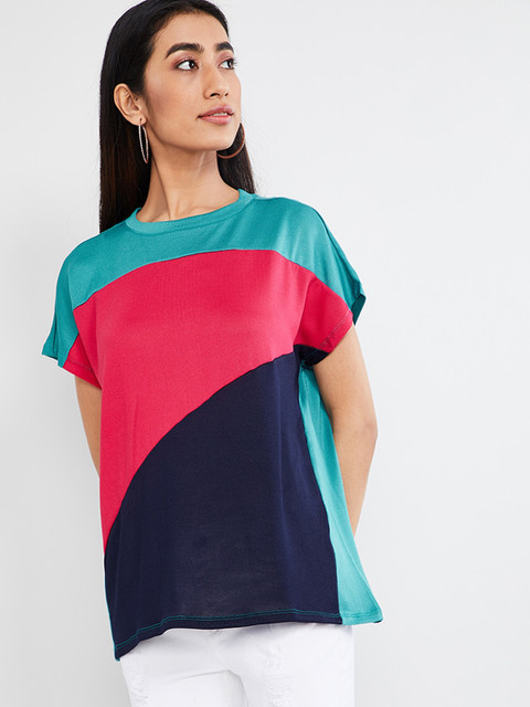 

max Women Pink & Blue Colourblocked Round Neck T-shirt