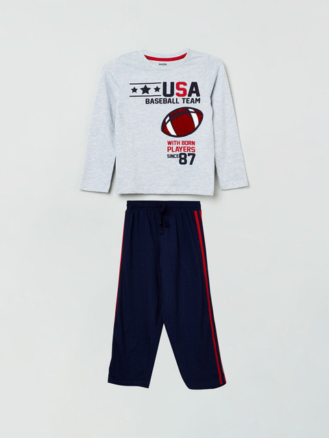 

max Boys Grey & Navy Blue Printed Night Suit Set
