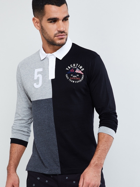 

max Men Black & Blue Colourblocked Polo Collar T-shirt