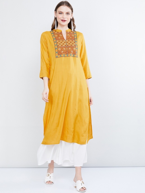 

max Women Mustard Yellow Embroidered Straight Kurta
