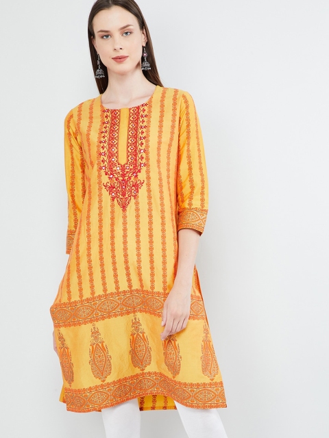 

max Women Yellow Printed Straight Kurta