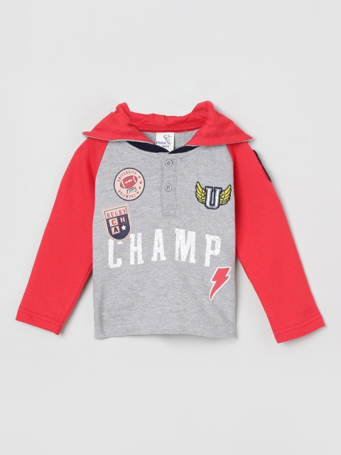 

max Boys Grey Melange & Red Printed Hooded Sweatshirt