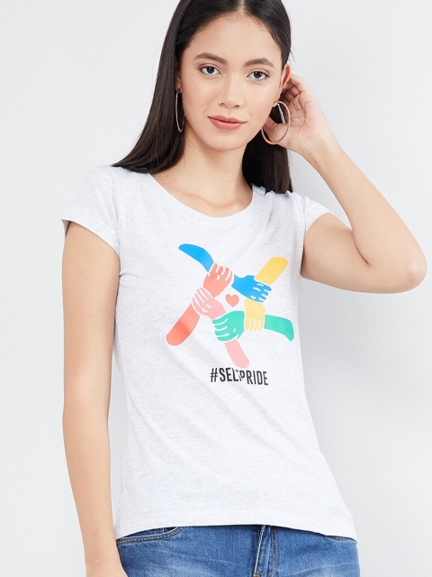 

max Women White Printed Round Neck T-shirt