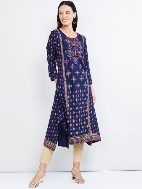 

max Women Navy Blue & Pink Printed A-Line Kurta