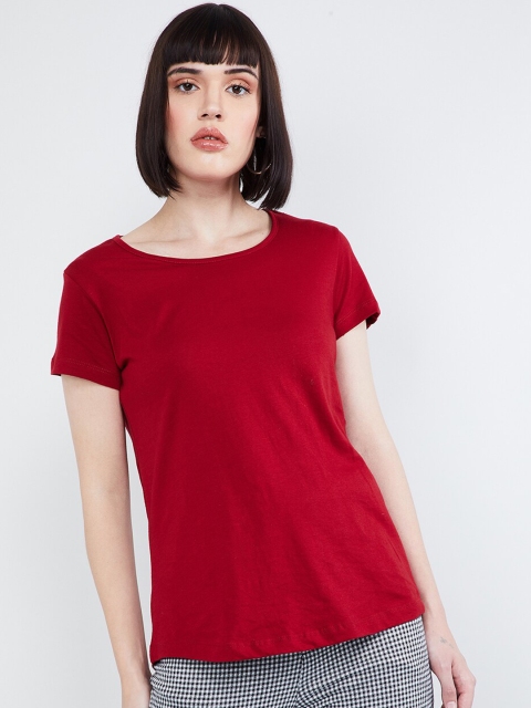 

max Women Red Printed Cut-Out Round Neck T-shirt