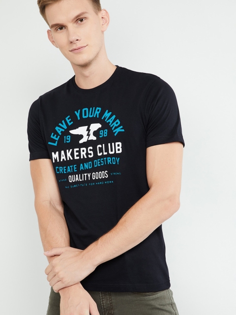 

max Men Black Printed Round Neck T-shirt