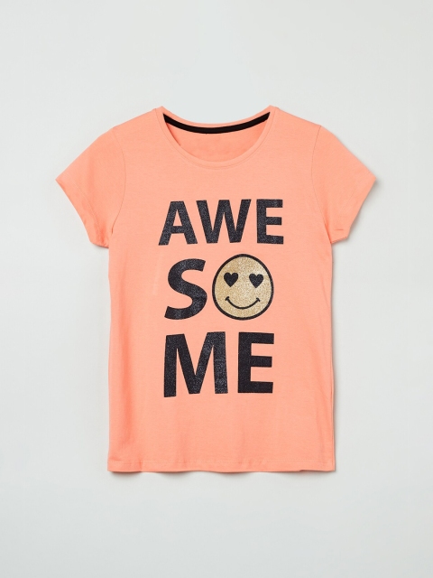 

max Girls Coral Pink Printed Round Neck T-shirt