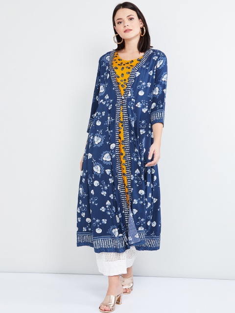 

max Women Yellow & Blue Printed A-Line Kurta with Longline Ethnic Jacket