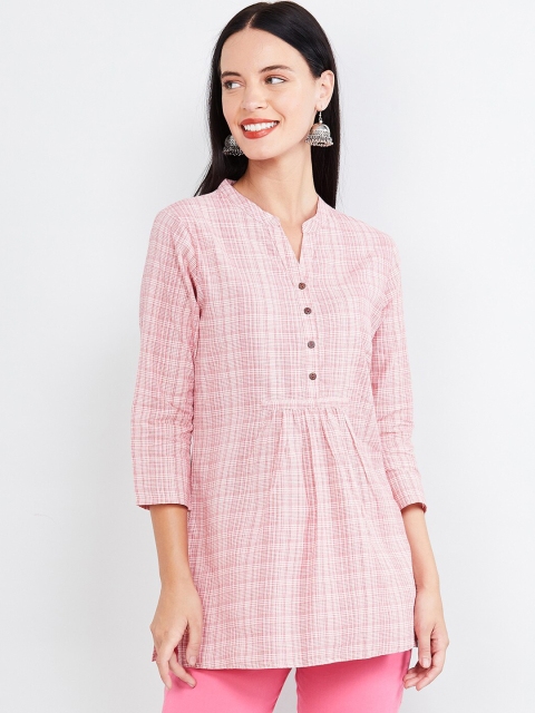 

max Women Pink Checked Pure Cotton A-Line Kurti