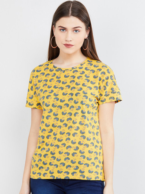 

max Women Yellow Printed Round Neck T-shirt