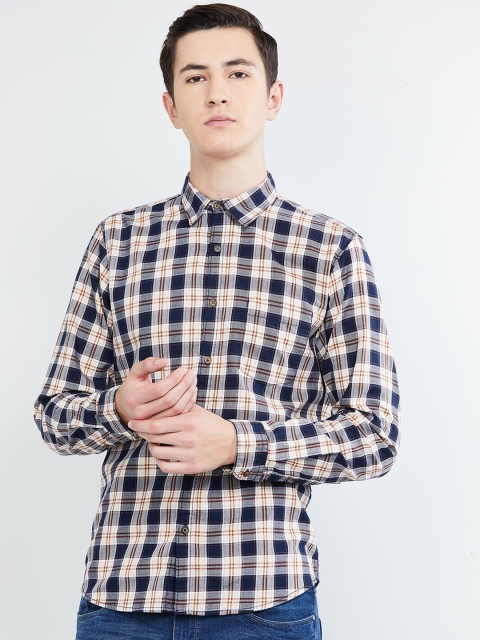 

max Men Cream-Coloured & Navy Blue Regular Fit Checked Casual Shirt