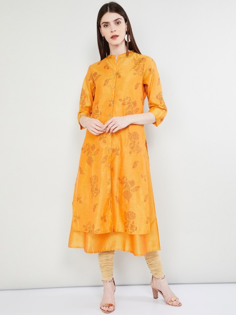 

max Women Mustard Yellow Printed A-Line Kurta