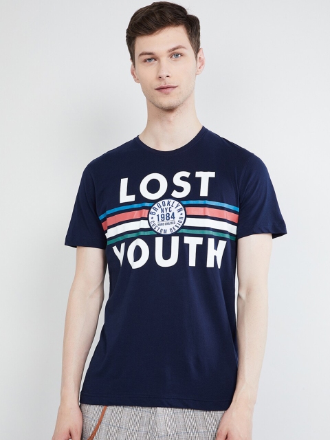 

max Men Navy Blue Printed Round Neck T-shirt