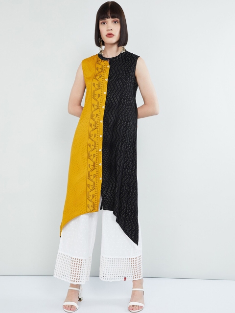 

max Women Mustard Yellow & Black Colourblocked Straight Kurta