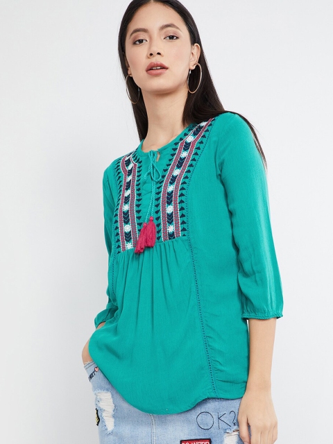 

max Women Green Embroidered Top