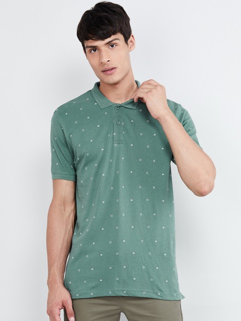 

max Men Green & White Printed Polo Collar T-shirt