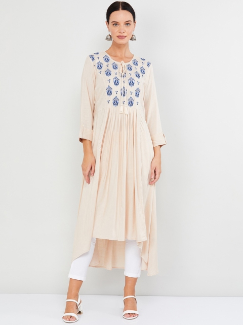 

max Women Cream-Coloured & Blue Printed A-Line Kurta