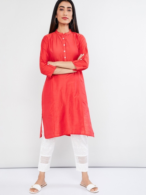 

max Women Coral Red Solid Straight Kurta