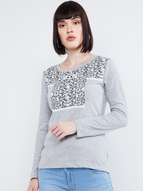 

max Women Grey & White Floral Print Round Neck T-shirt