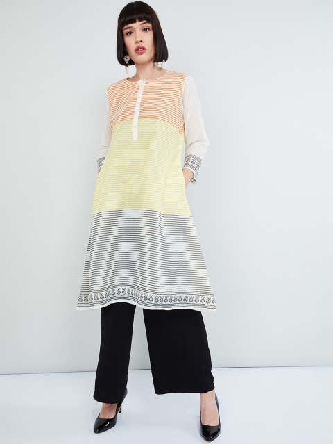 

max Women Off-White & Yellow Striped Straight Kurta