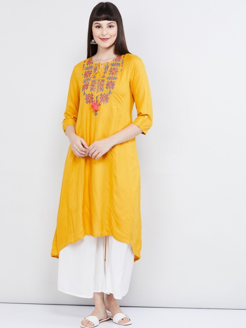 

max Women Mustard Yellow Embroidered A-Line Kurta