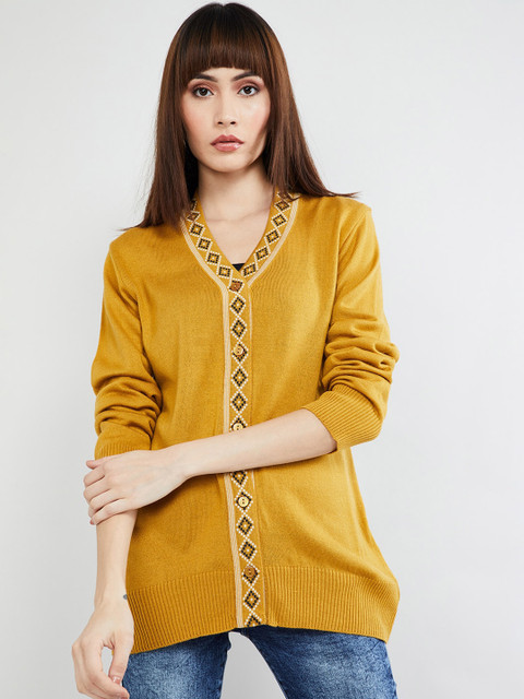 

max Women Mustard Yellow Self Design Cardigan Sweater