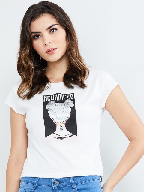 max Women Off-White Printed Round Neck T-shirt