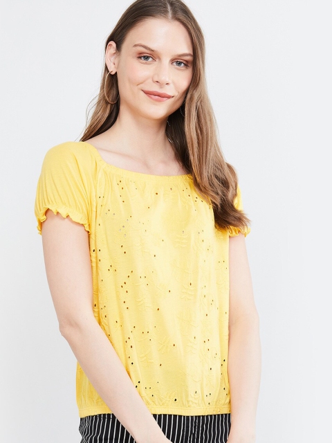 

max Women Yellow Self Design Round Neck T-shirt