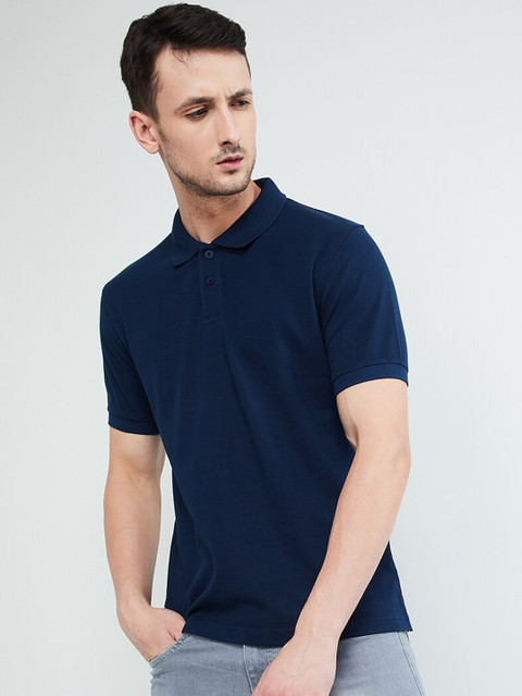 

max Men Blue Solid Polo Collar T-shirt