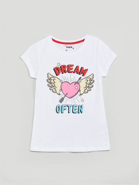 

max Girls White Printed Round Neck T-shirt