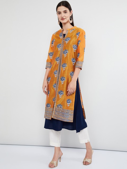 

max Women Mustard & Blue Printed A-Line Kurta